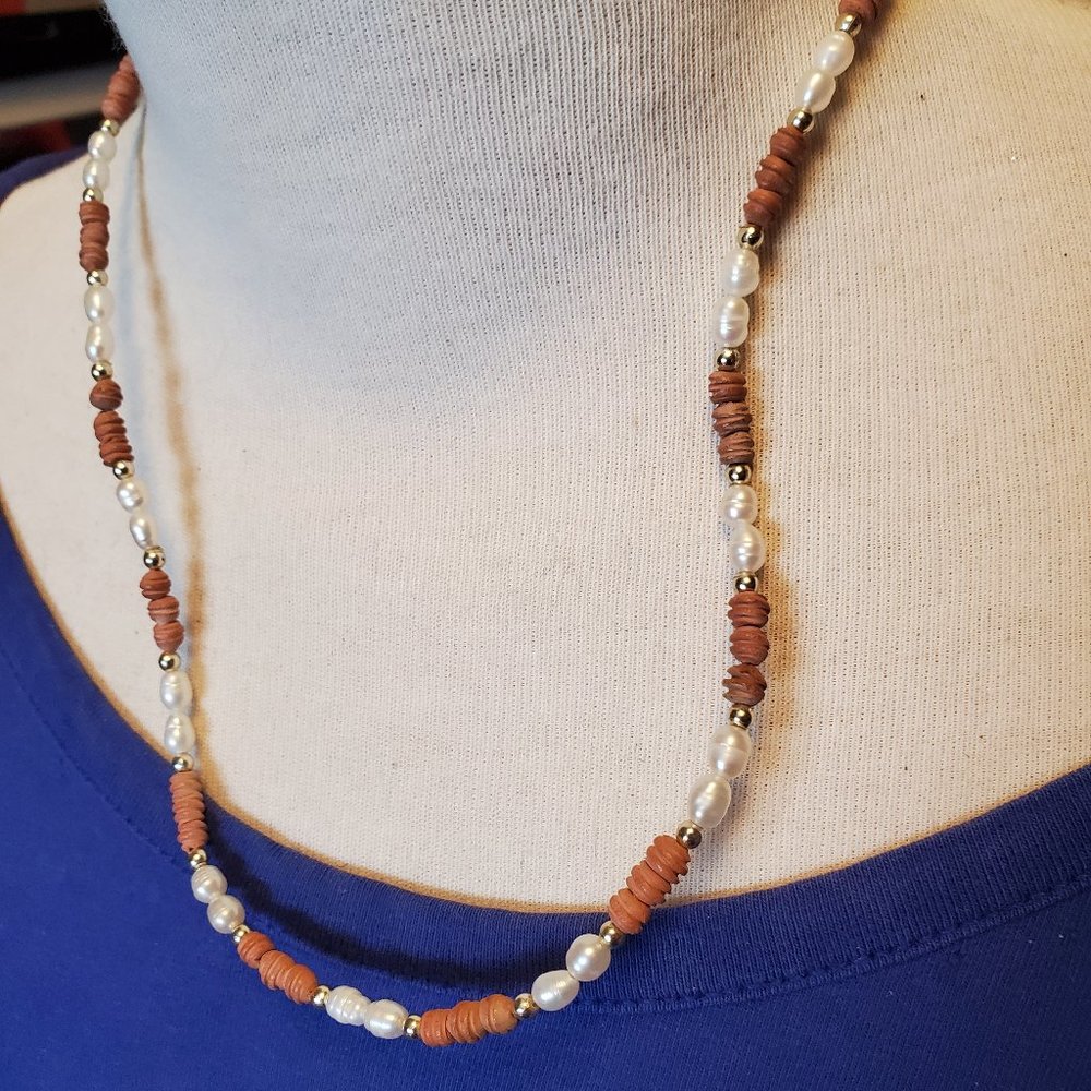 18" Clay and Pearl Strand Necklace Artisan Handmade Fashion Design Casual Women